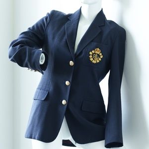 RALPH LAUREN Vintage Wool Blazer, Navy blue Gold Crown Crest, Size 4 P / 2 R
